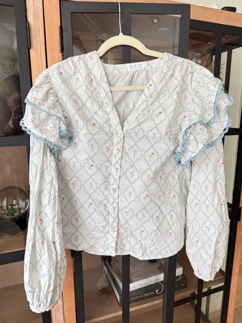 Shop The Mint Rendezvous Medallion Blouse block print top ruffle floral lace